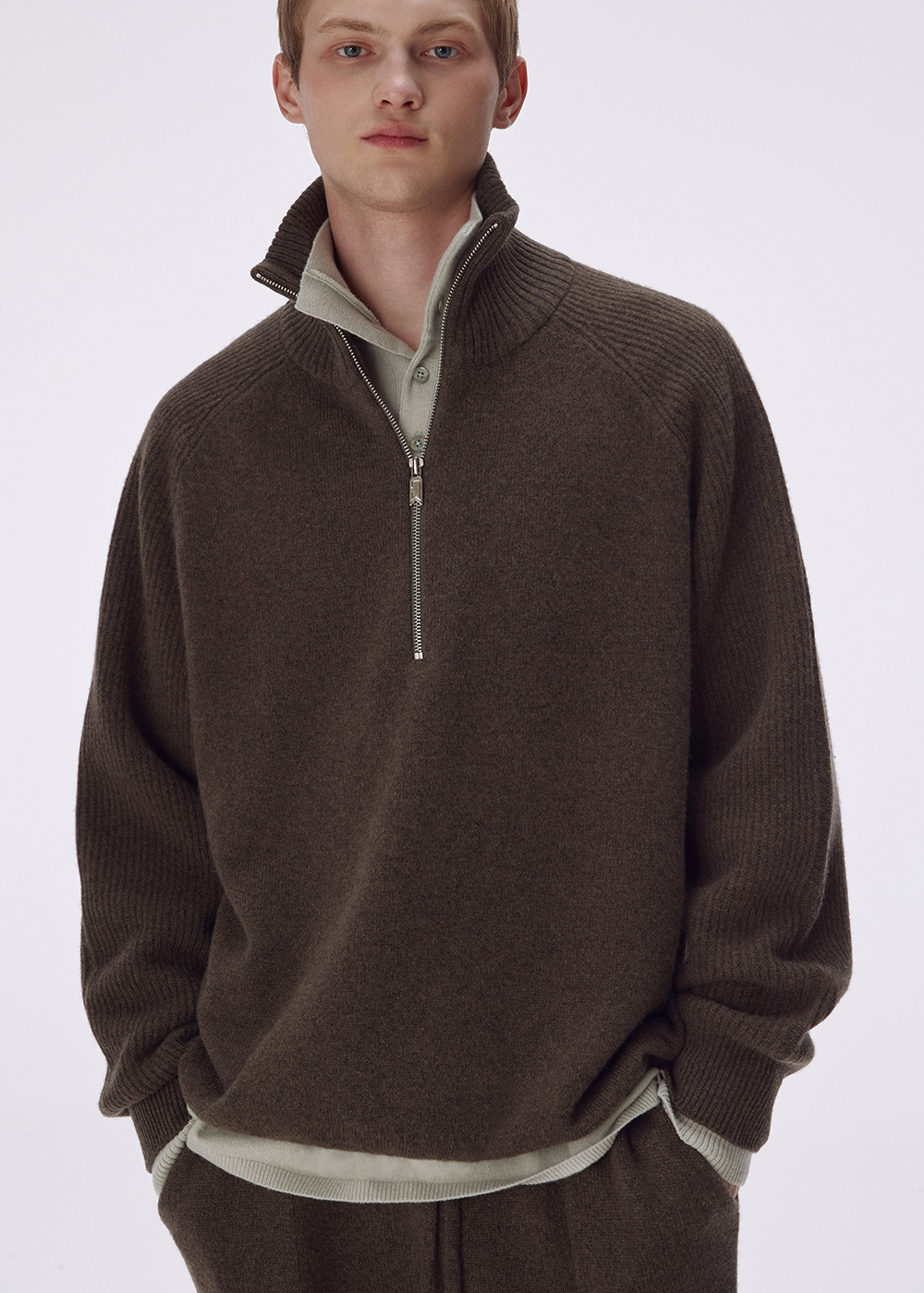 Pure saxon wool half zipup pullover_Mossy wood