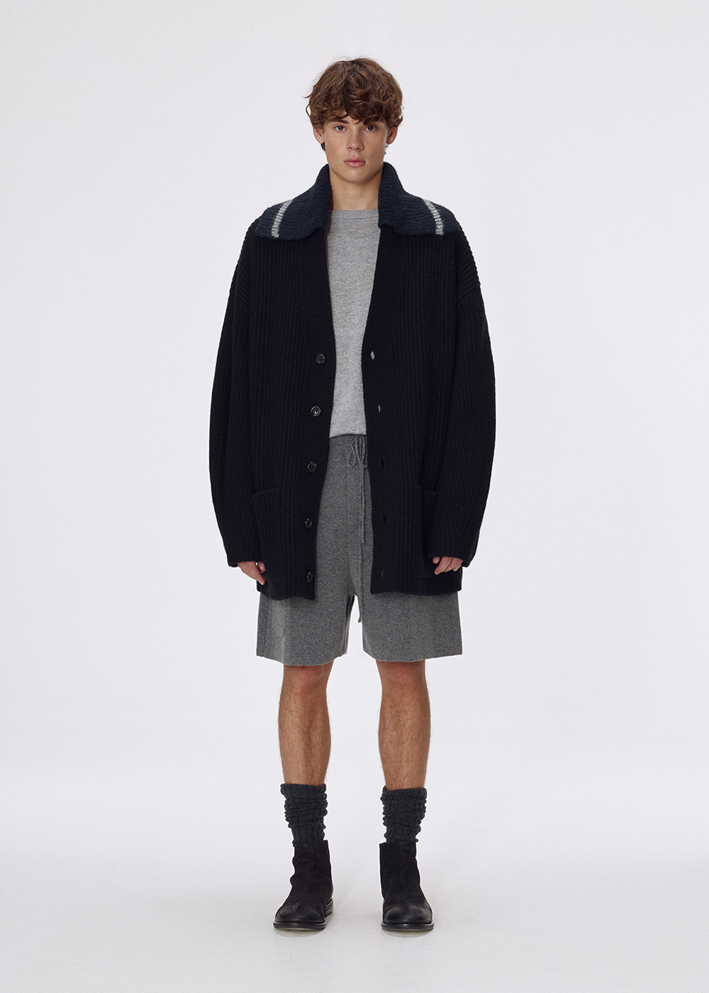 Bulky wool detachable collar coatigan_Black