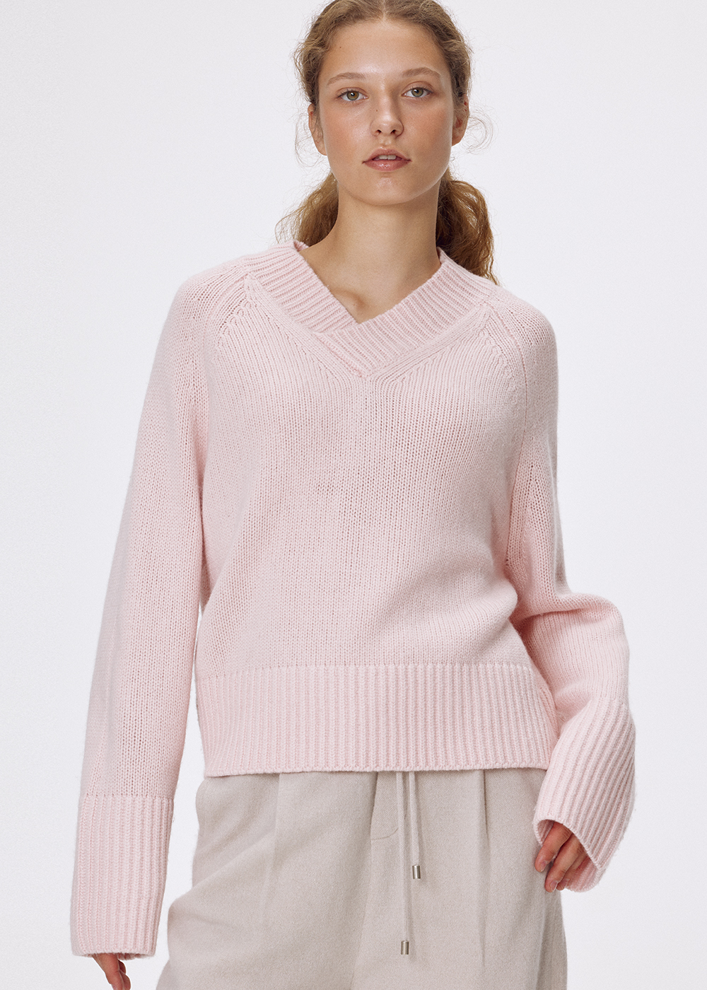 Wool cashmere vneck pullover_Pink