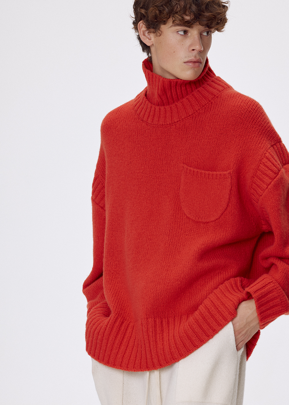 Bulky wool layered turtle neck pullover_Tomato