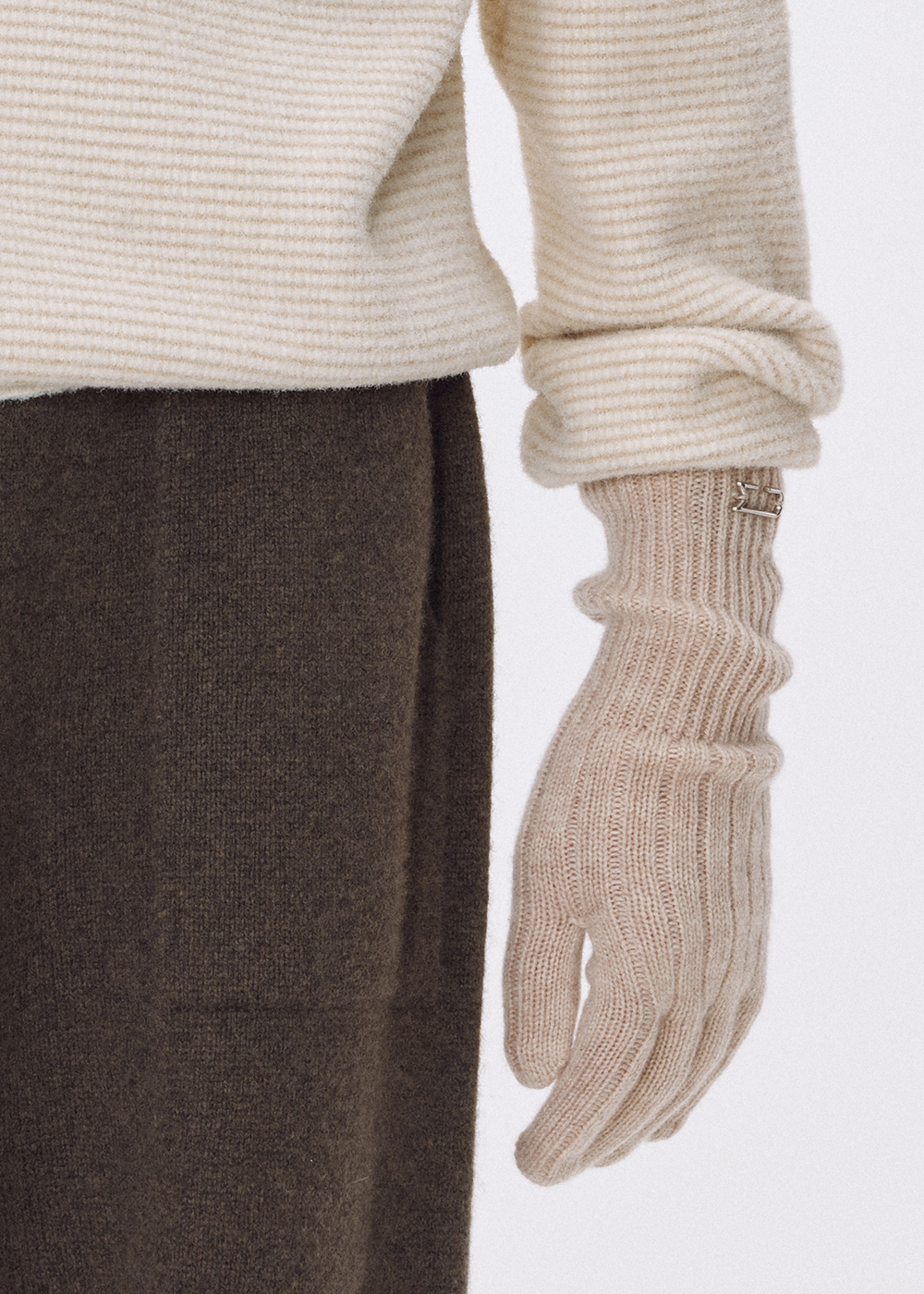 Pure cashmere ribbed gloves_Beige